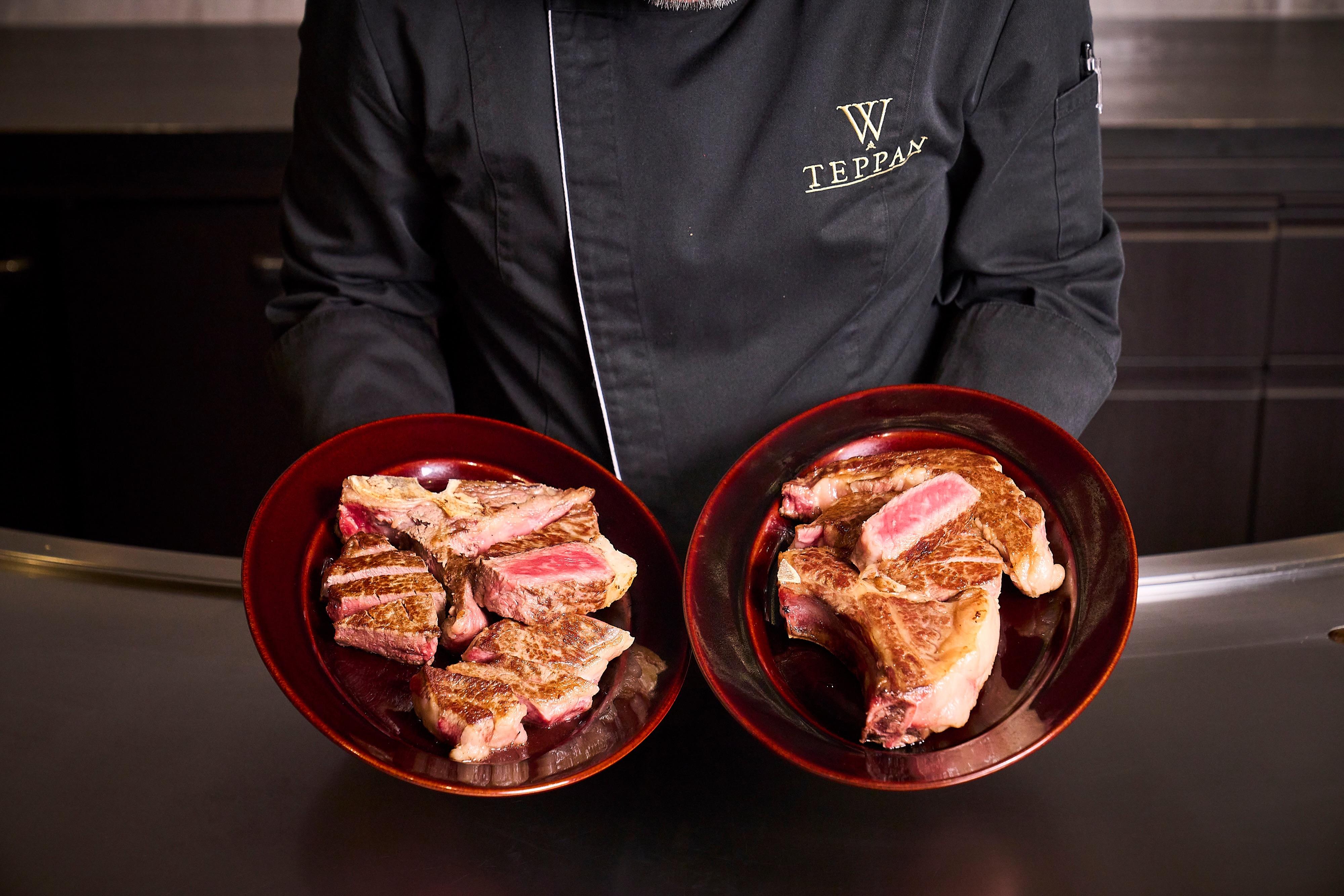 ブランドの代名詞である「熟成肉」を、鉄板焼きというスタイルで昇華させた特別感を強調します。